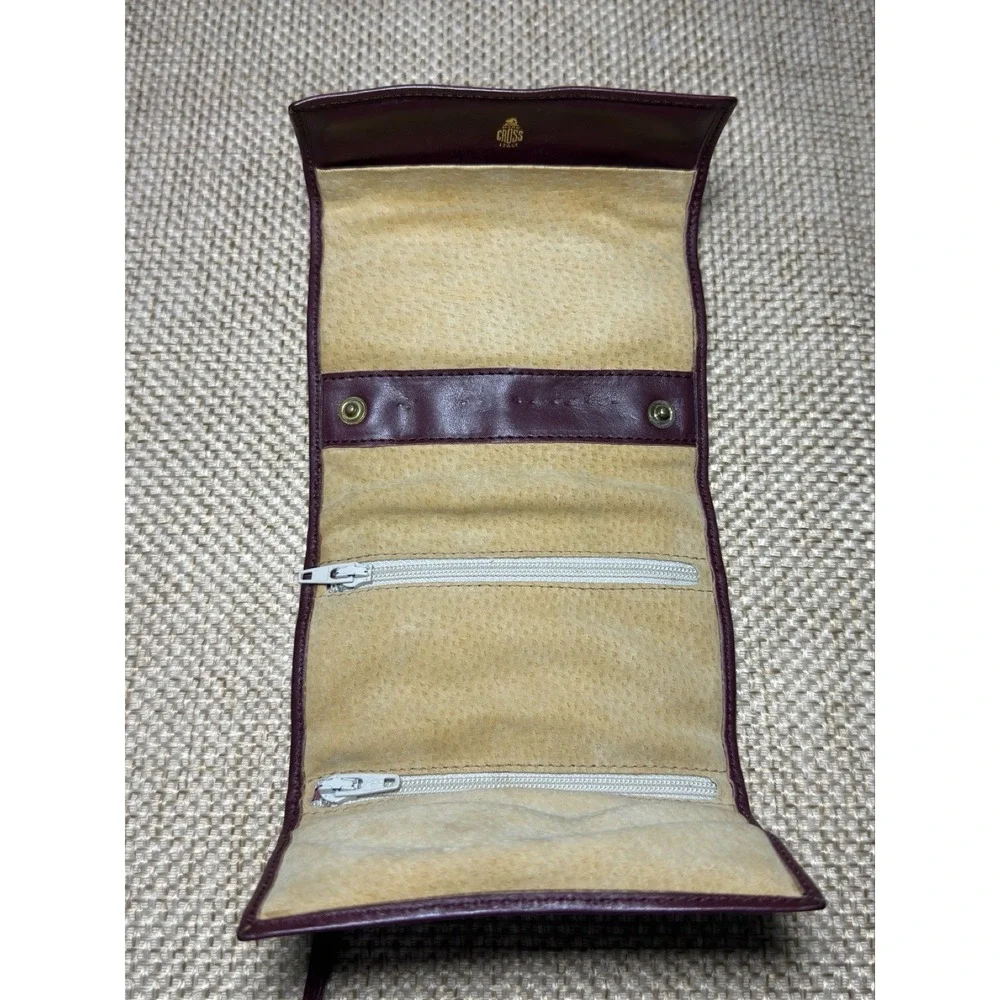 Mark Cross Leather Tri Fold Travel Pouch Burgundy Tie Lux Jewelry Roll Organizer